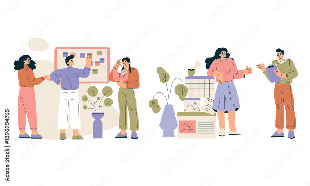 Aufkleber Business Concept with Man and Woman Character Engaged in Workflow Deal with Project Vector Set