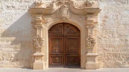 Obraz premium Ornate Carved Wooden Doorway Set in Weathered Stone Wall With Intricate Details and Warm Natural Lighting in Europe