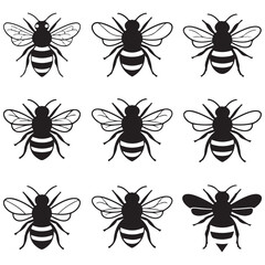 Vector Black silhouettes Selection of hand drawn bees in different styles.with white background