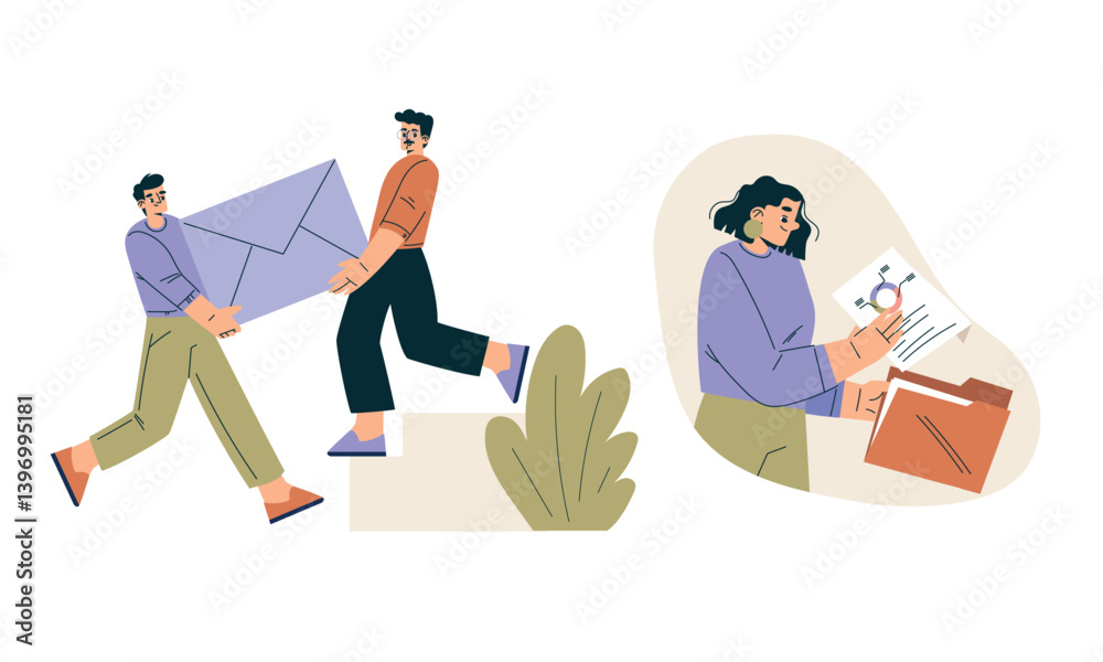 Aufkleber Business Concept with Man and Woman Character Engaged in Workflow Deal with Project Vector Set