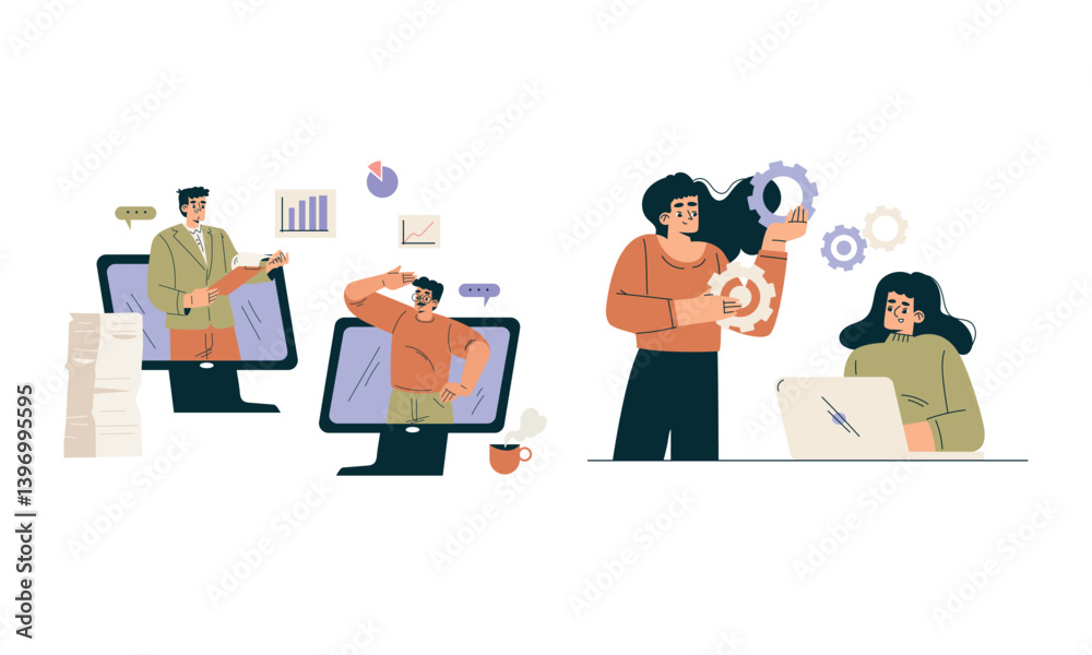 Aufkleber business concept with man and woman character engaged in workflow deal with project vector set