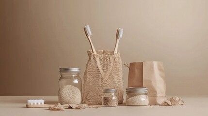 Eco-friendly biodegradable packaging products laid out on kraft paper background: bamboo toothbrush, reusable cotton mesh bag, glass jar with wooden lid, demonstrating sustainable zero waste lifestyle