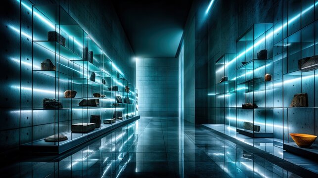 Expansive long hallway filled with endless shelves displaying a variety of historical relics and artifacts for viewing