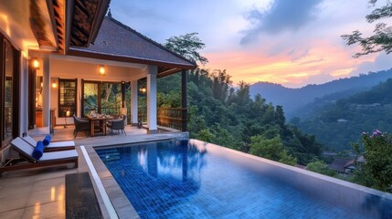 Obraz premium Serene Mountain Villa with Infinity Pool at Sunrise Overlooking Lush Green Jungle Landscape in Tranquil Setting