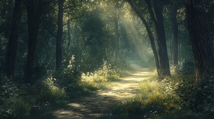 Obraz premium A serene forest path with soft dappled light filtering through tall trees, leading into the distance. pic