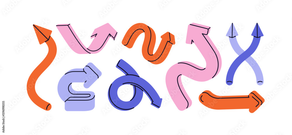 Poster Arrows, pointers, computer point elements set. Curved bent dynamic navigation icons in motion, movement to right, left, up turn, direction. Flat vector illustration isolated on white background