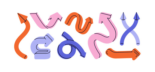 Arrows, pointers, computer point elements set. Curved bent dynamic navigation icons in motion, movement to right, left, up turn, direction. Flat vector illustration isolated on white background