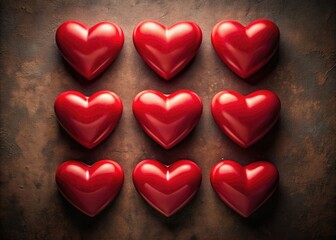 Obraz premium Low-light photography reveals nine romantic red hearts, each a symbol of love's gentle embrace.