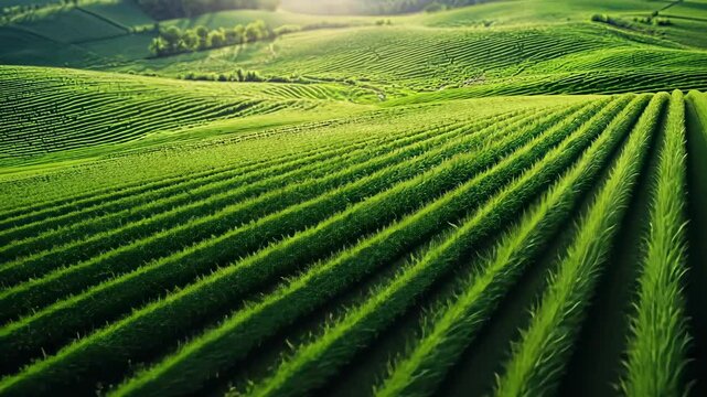 Lush green rows of crops on rolling hills.
