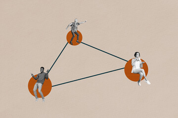 3d sketch poster trend collage image of three happy business partners stand structure development concept hierarchy progress