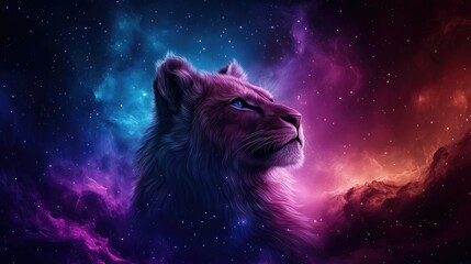 Majestic lion in a vibrant nebula