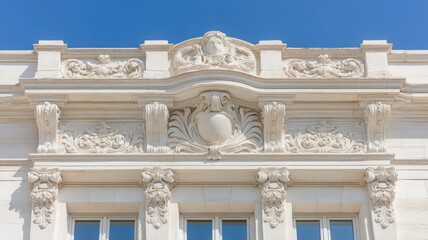 Fototapeta premium Ornate White Building Facade Featuring Intricate Carvings Decorative Elements and Detailed Stonework Under a Bright Daylight Sky