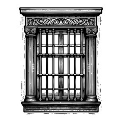 barred prison window with two potted plants on the windowsill, facing the prison yard sketch engraving generative ai PNG illustration. Scratch board imitation. Black and white image.