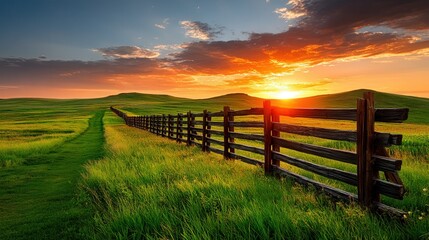 Obraz premium Rustic wooden fence framing a tranquil field surrounded by lush greenery under a bright blue sky on a sunny day