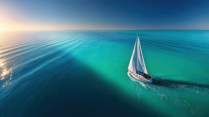 Sailor on a vibrant ocean with a sailboat gliding gracefully across the waves under a clear blue sky