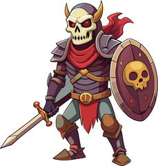 Skeleton in armor with sword and shield. Creepy undead fighter in flat vector style for fantasy and horror games.