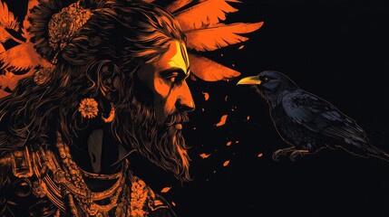 Shani dev in black background with crow illustration