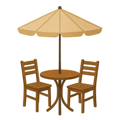 A cozy outdoor seating set featuring a round table and two wooden chairs, topped with a large umbrella for shade.