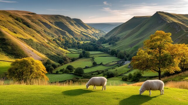 Two sheep grazing peacefully in a lush green field representing a serene pastoral landscape in nature's embrace