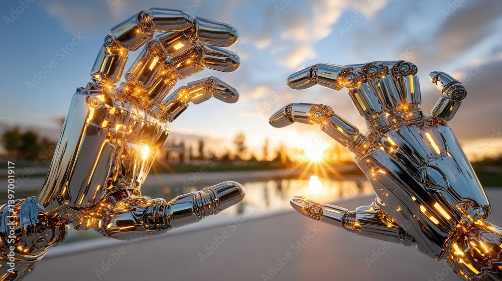 Poster shiny metallic sculpture of a pair of chromed hands reflecting light and creating an intriguing visu