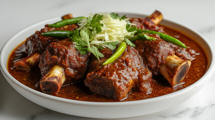 Spicy Bonein Meat with Gravy Topped with Green Chilies and Herbs in White Bowl