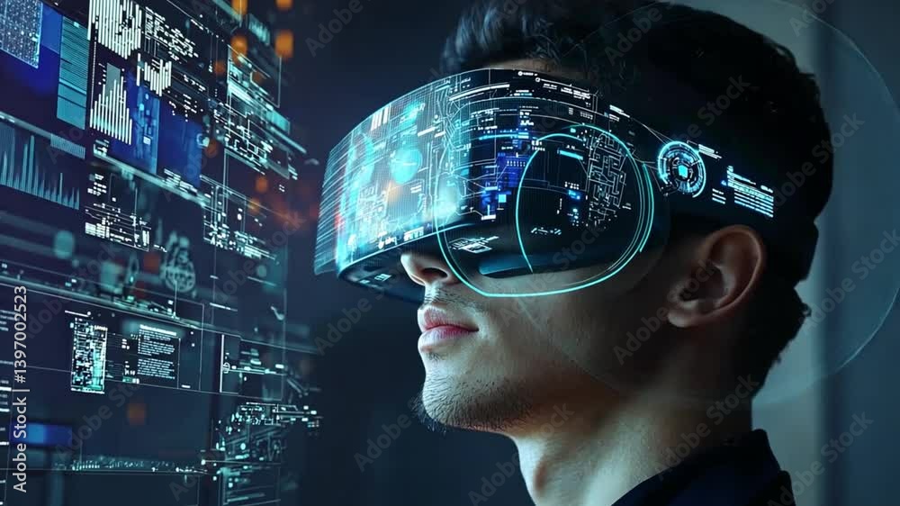 Wall mural young man using advanced virtual reality headset immersed in digital data display