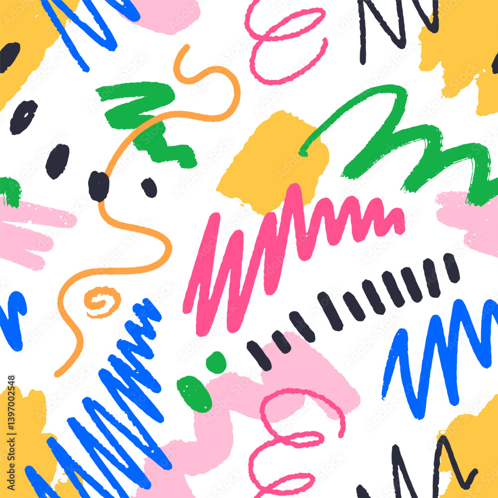 Poster Scribble pattern, seamless doodle background. Abstract texture, repeating print design with squiggles, brushstroke drawings, random lines, creative sketch elements. Hand-drawn vector illustration