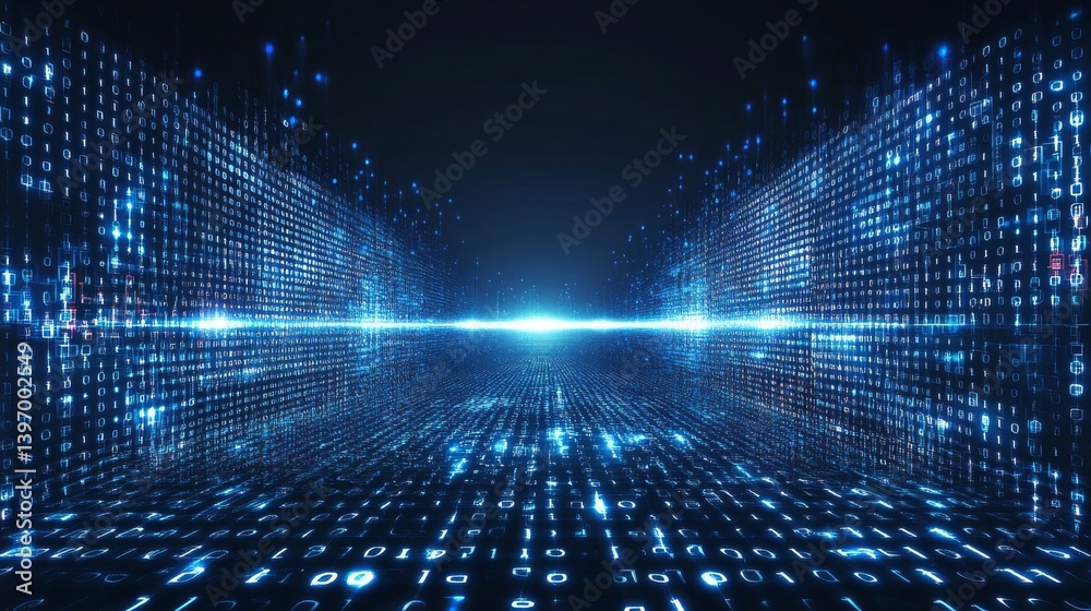 Poster an abstract image with blue and green shades, set against a background of a digital binary code wave