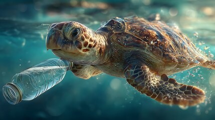 Fototapeta premium Sea Turtle Entangled in Plastic Bottle Pollution Ocean Wildlife Conservation