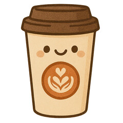 A cheerful coffee cup with a smiling face and a decorative heart design on its label.
