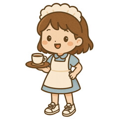 A cheerful character in a blue dress and apron holding a cup of coffee on a plate, exuding a friendly, welcoming vibe.