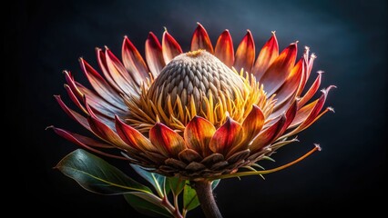 Macro photography captures the somber elegance of a Dry Protea King, a South African floral masterpiece in low-light drama.