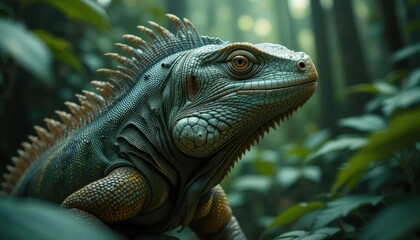 Fototapeta premium Mystic Iguana: Teal Scales & Emerald Jungle