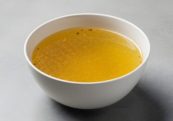Delicious Homemade Chicken Broth in a White Bowl - Comfort Food, Healthy Eating, Hot Soup.