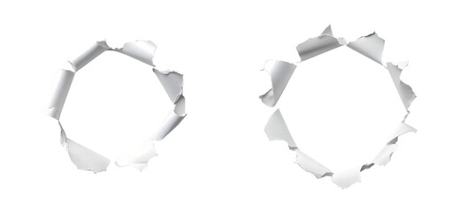 Two Circular Holes Torn in White Paper Showing Irregular Edges and Texture transparent background Generative AI