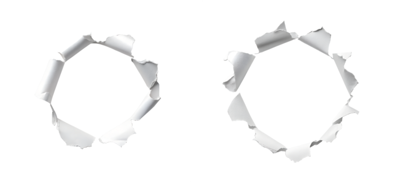 Two Circular Holes Torn in White Paper Showing Irregular Edges and Texture transparent background Generative AI
