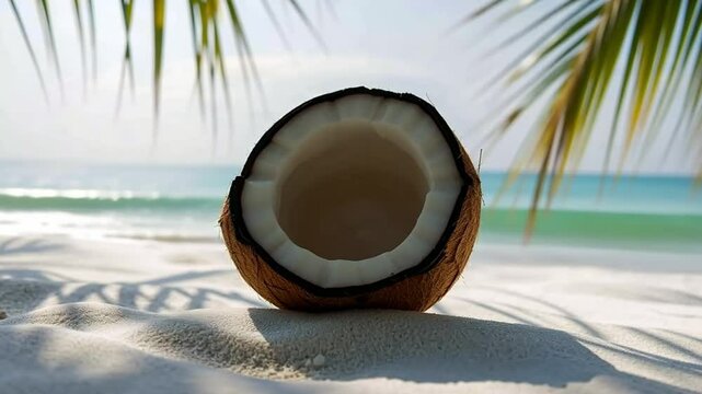 Fresh Half Coconut on Tropical Beach Sand with Ocean Background and Palm Leaves in Summer Sunlight, Perfect Exotic Vacation Scene