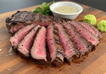 Fototapeta premium Grilled Sliced Steak with Sauce, Wooden Board, Parsley, Food Photography.