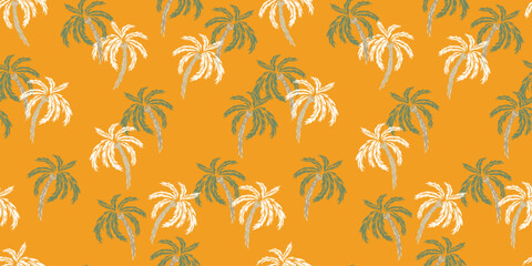Seamless tropical palm tree vector pattern with a yellow mustard background. Design features lush green and beige palm leaves, creating a bold, exotic, and stylish look for summer fashion, textiles