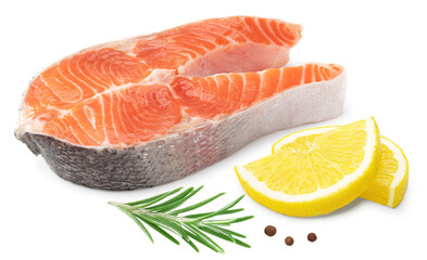 slice of raw fish, salmon, trout, steak with lemon isolated on white background, clipping path