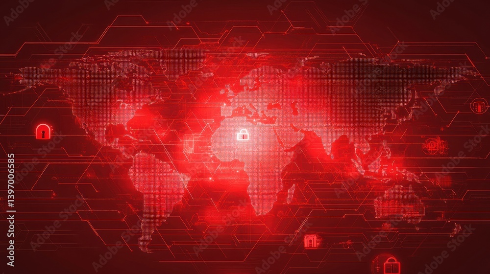 Poster a futuristic depiction of a world map with digital padlocks and network patterns, representing globa
