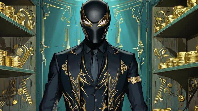 Mysterious figure with a mask in elegant black suit, golden embellishments near shelves filled with stacks of gold coins