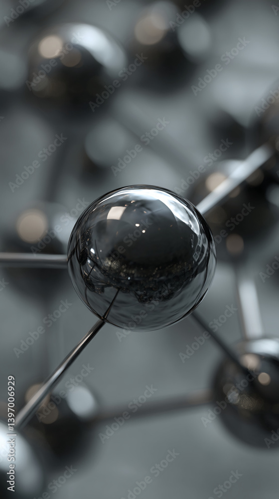 Aufkleber close-up of metallic spheres connected by thin rods, creating a network structure, showcasing a tech