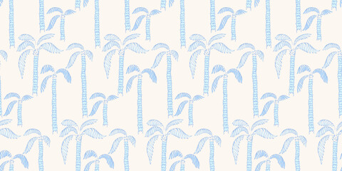 Seamless vector pattern with stylized blue palm trees on a white background. Tropical, modern, and elegance pastel design, ideal for summer fashion, beachwear, textiles, wallpapers