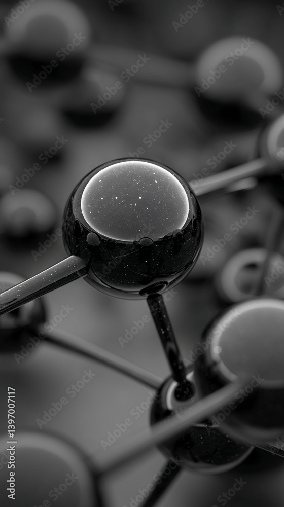 Aufkleber Close-up of glossy black spheres connected by sleek rods, creating an abstract molecular structure image suitable for science, technology, or design concepts