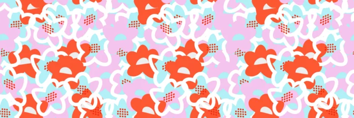 Fotobehang Naadloze herfst Seamless vector floral pattern with abstract hand drawn flowers in red, pink, and blue on a light background. Overlapping outlines and dynamic composition create a playful, modern, and stylish look  © incarnadine