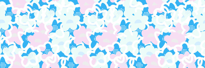 Seamless vector floral pattern with abstract hand drawn flowers in pastel and light on a blue background. Overlapping outlines and dynamic composition create a playful, modern, and stylish look