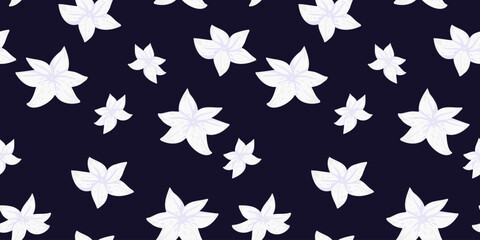 Seamless vector floral pattern with simple hand drawn white flowers on a black background. Ideal for fabric, wallpaper, packaging, and elegant design projects