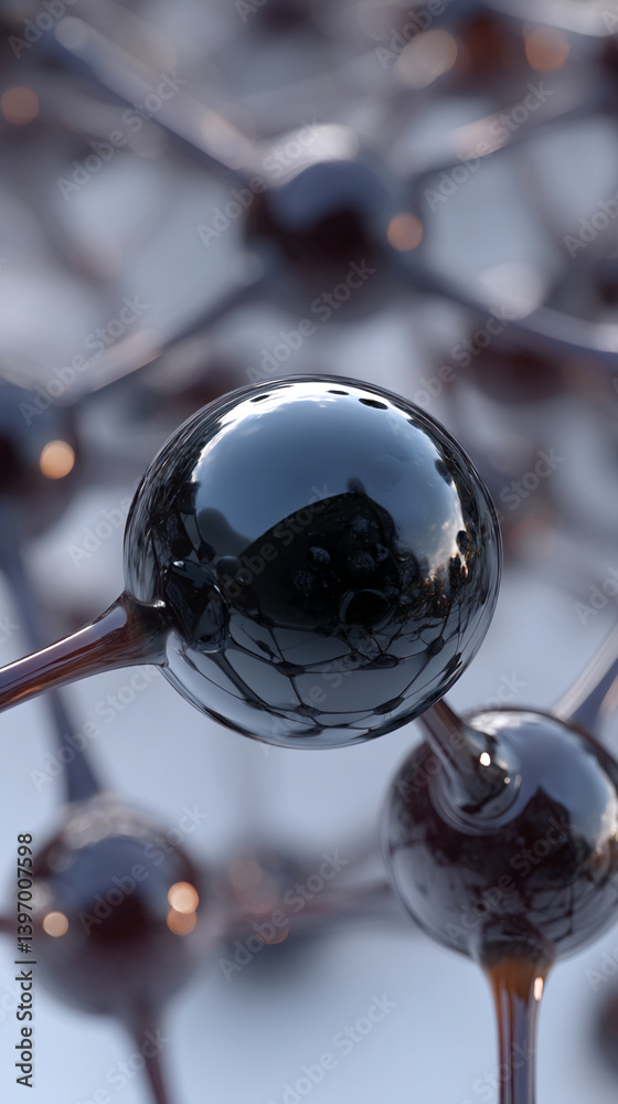 Poster Close-up of glossy dark spheres connected by thin stems, creating a complex network structure, showcasing a technological or scientific concept, ideal for tech or abstract backgrounds