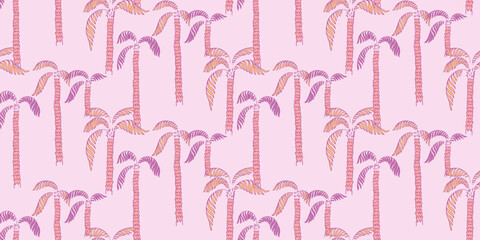 Vector seamless pattern featuring repeating palm trees with textured trunks and fronds on a pastel pink background. Perfect for tropical designs, textiles, wallpapers, and digital prints